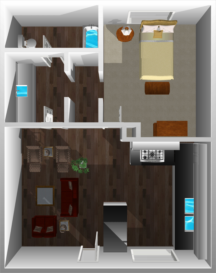 'Floorplan 1 Downstairs' 3D image of Laurel Palms Apartments This image is the visual 3D representation of 'Floorplan 1 Downstairs' in Laurel Palms Apartments.